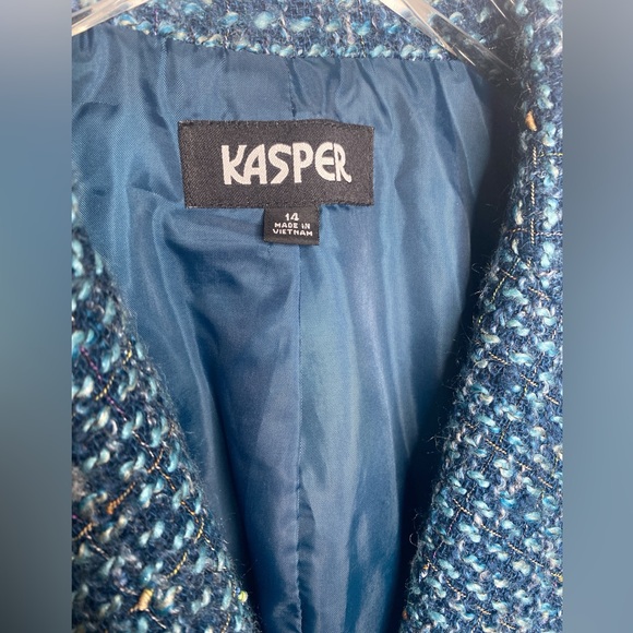 KASPER Royal Turquoise Gold Tweed Notch Collar Three Button Blazer Size 14 - Picture 3 of 6